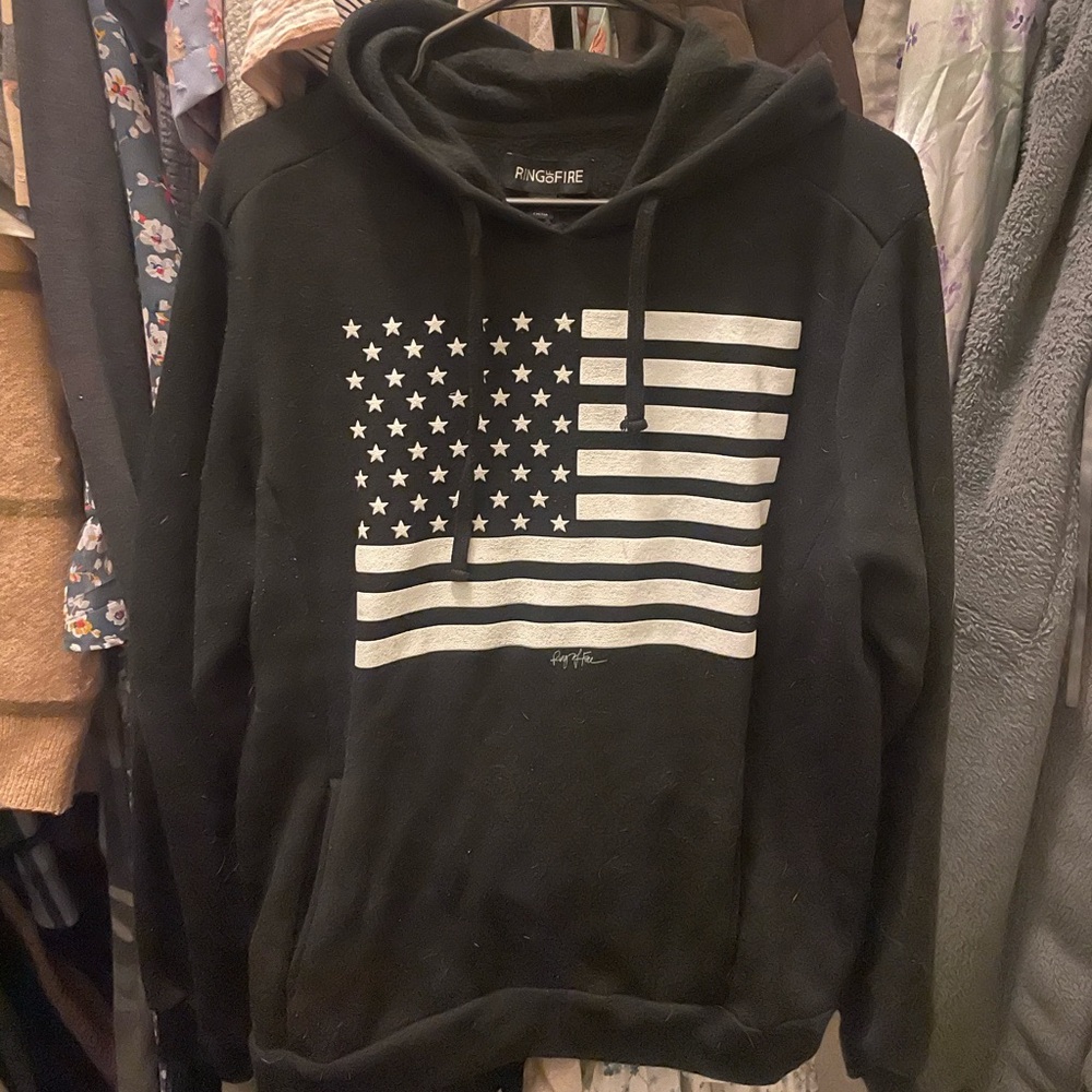 Ring of Fire Black Hoodie with Flag Graphic